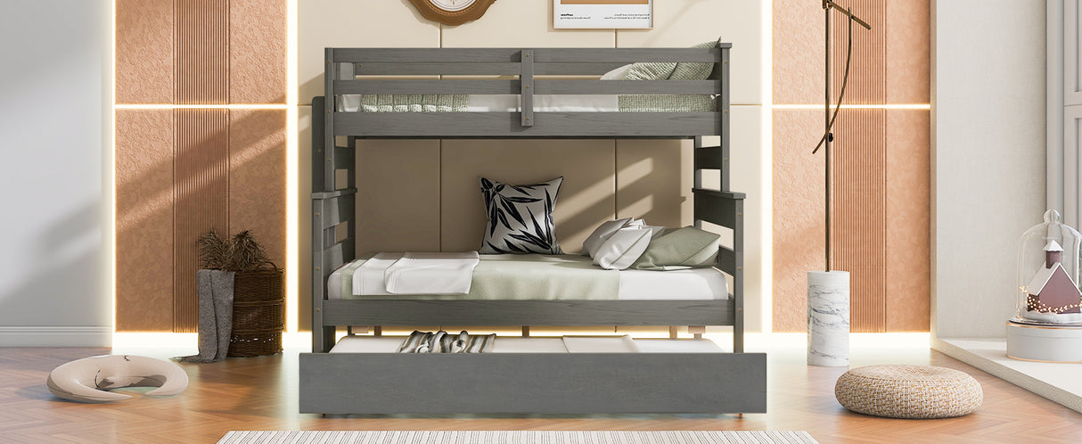 Wood Twin over Full Bunk Bed with Twin Size Trundle Gray