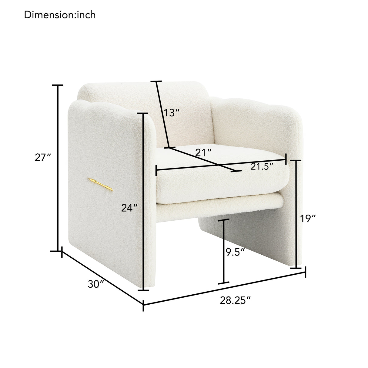 Armchair with wavy armrests, metal decorations on both sides of the armrests, made of Teddy cloth, white - V.I.P Digital Presence