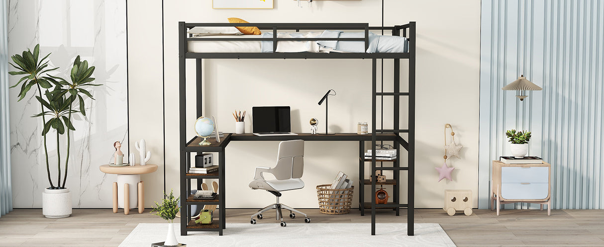 Full metal loft bed with desk and shelf, loft bed with ladder and guardrail, black with retro wood desk - V.I.P Digital Presence