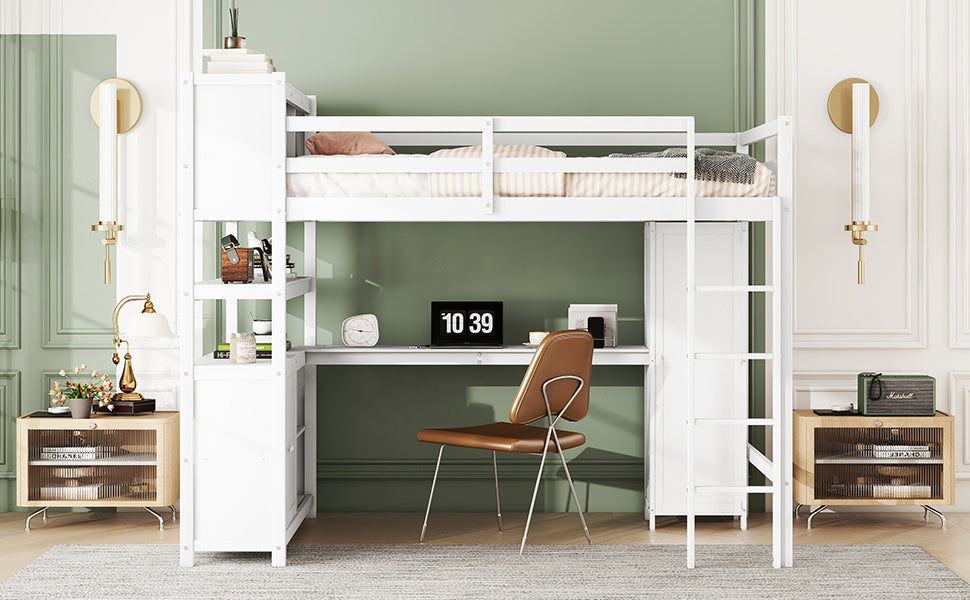 Wood Loft Bed with Cabinet and Bookshelf, Full Size Loft with Wardrobe and Desk for Kids,White - V.I.P Digital Presence