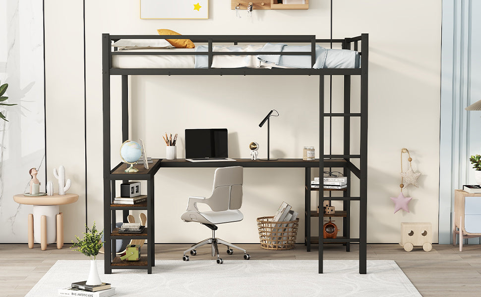 Full metal loft bed with desk and shelf, loft bed with ladder and guardrail, black with retro wood desk - V.I.P Digital Presence