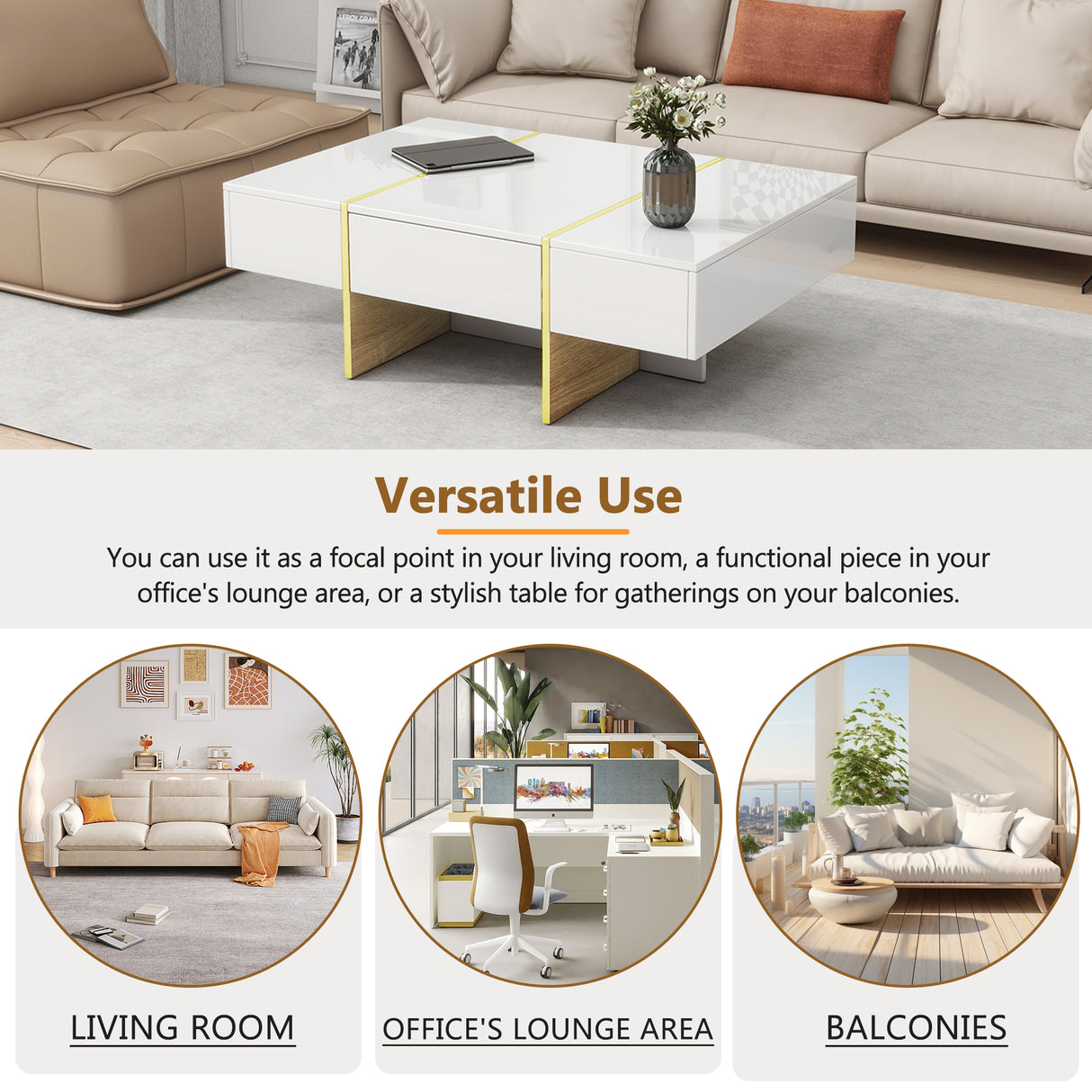 ON-TRANS 47.2 inch x 31.4 inch multifunctional rectangular sofa table with 2 drawers and gold wood grain leg center table, white - V.I.P Digital Presence