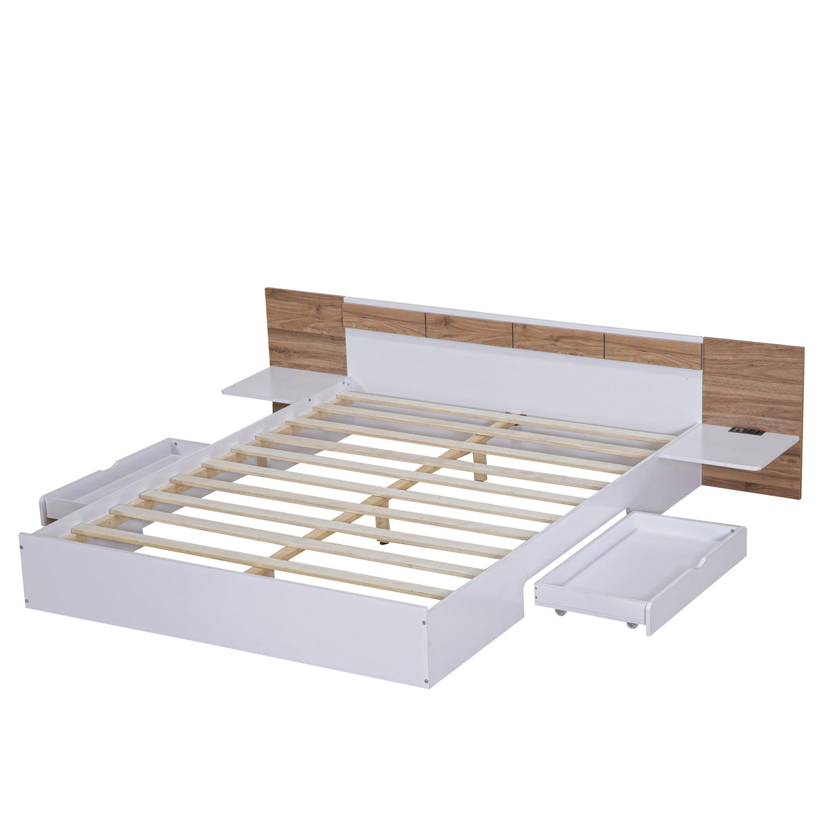 Queen Size Platform Bed with Headboard, Drawers, Shelves, USB Ports and Sockets White