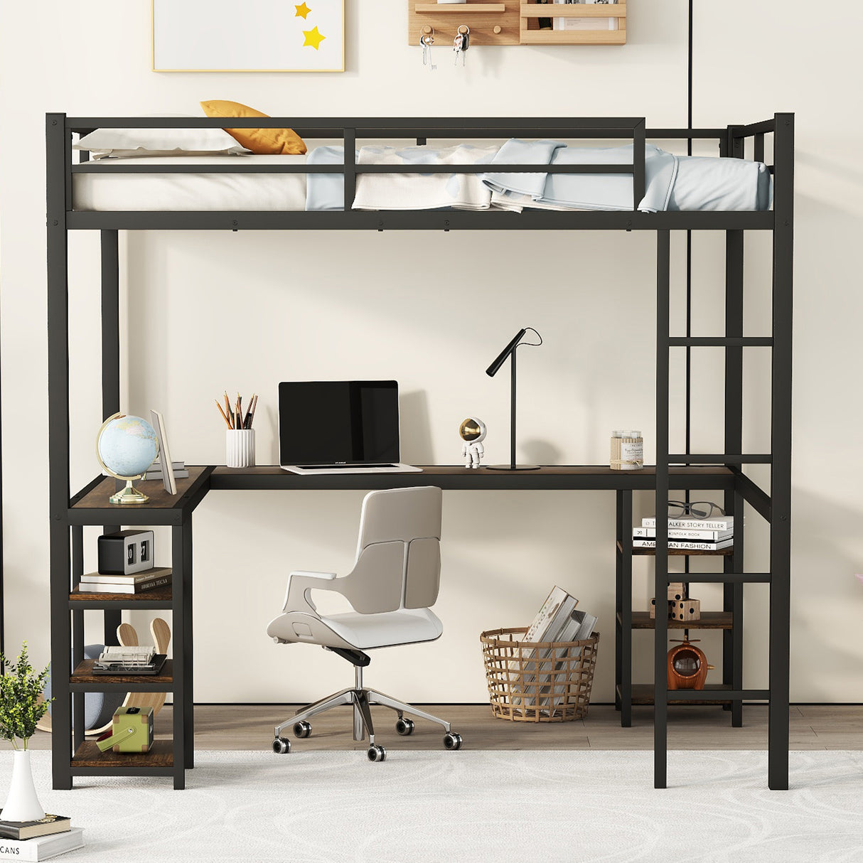 Full metal loft bed with desk and shelf, loft bed with ladder and guardrail, black with retro wood desk - V.I.P Digital Presence