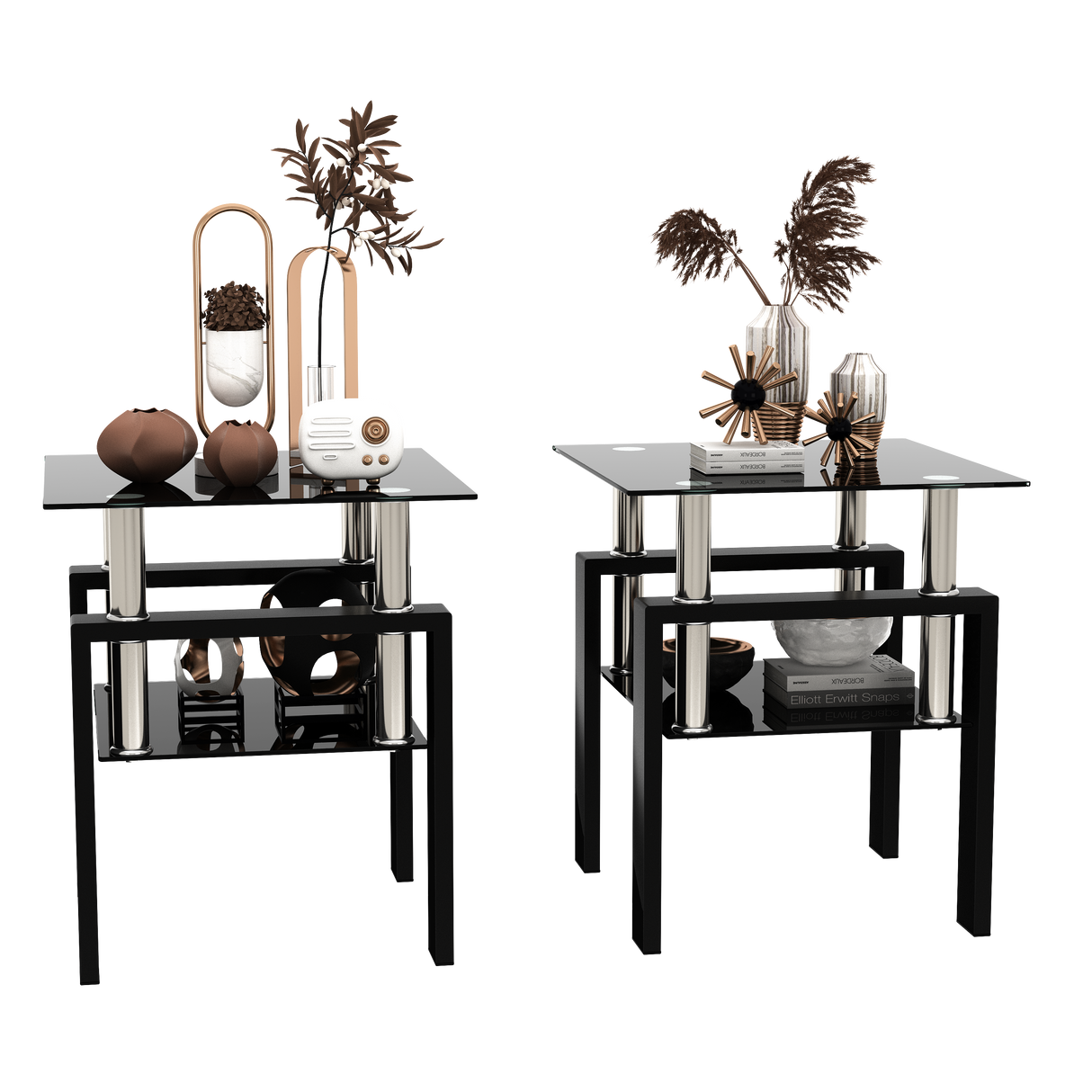 Set of 2, Modern Tempered Glass Tea Table Coffee Table End Table, Square Table for Living Room, Black - V.I.P Digital Presence