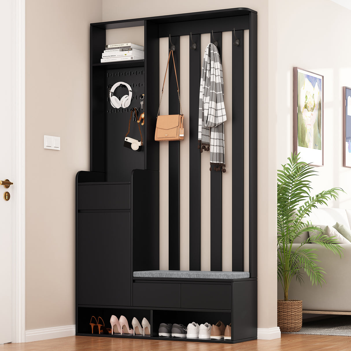 39.3'W70.8'H multifunctional corridor shoe cabinet with soft padded nail board and black hanger with entrance hook - V.I.P Digital Presence