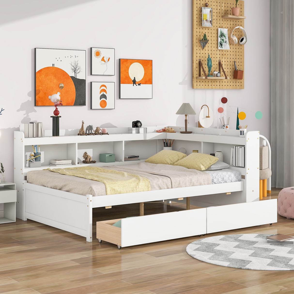 Full Bed with L-shaped Bookcases, Drawers ,White - V.I.P Digital Presence