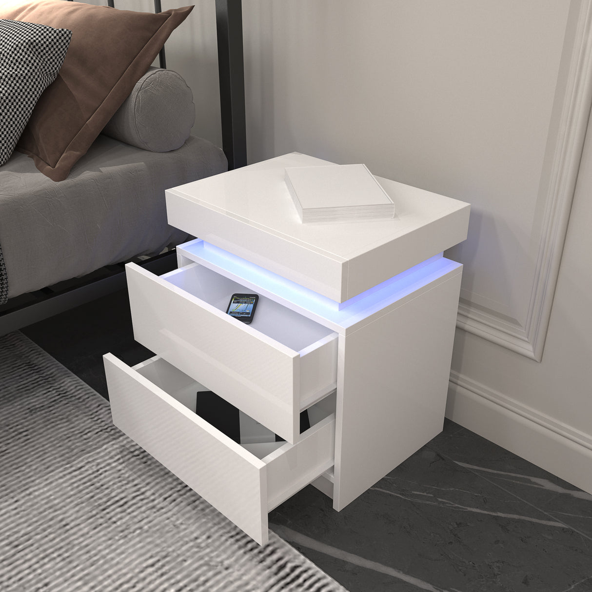 Modern white Nightstand With 2 Storage Drawers,Led Lights, End Table For Bedroom Furniture - V.I.P Digital Presence