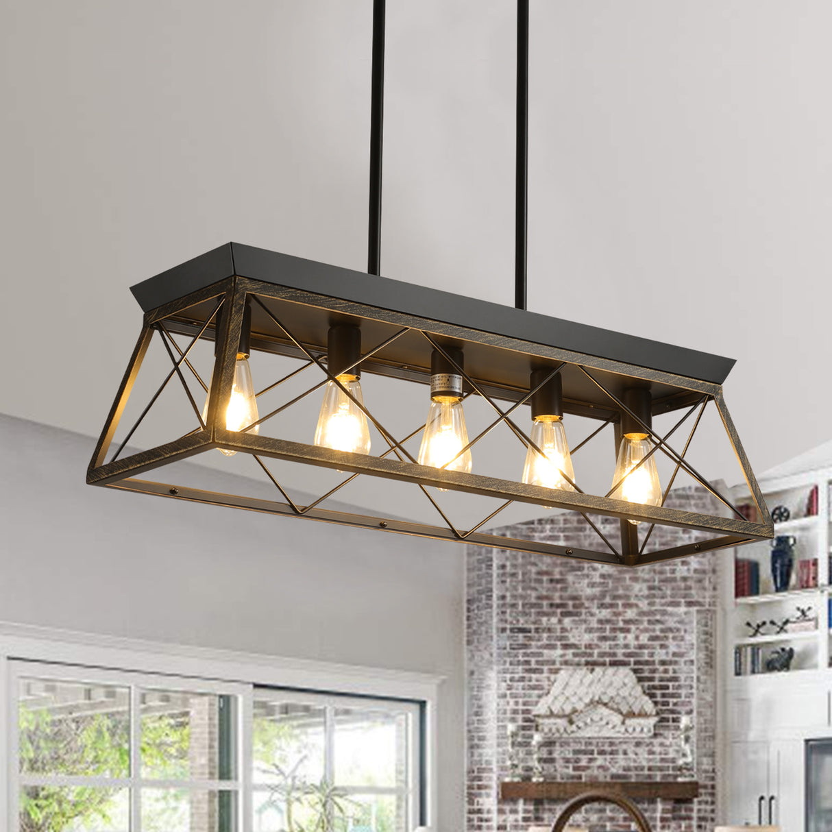 5-Light Farmhouse Chandeliers for Dining Room Metal Rustic Pendant Island Light Modern Rectangular Island Lights (No Bulbs)