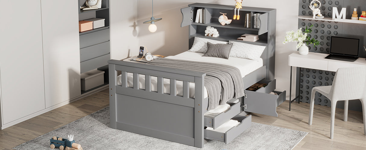 Twin Size Captain Platform Bed Frame with Storage Bookcases and Shelves,Four Drawers, Gray - V.I.P Digital Presence