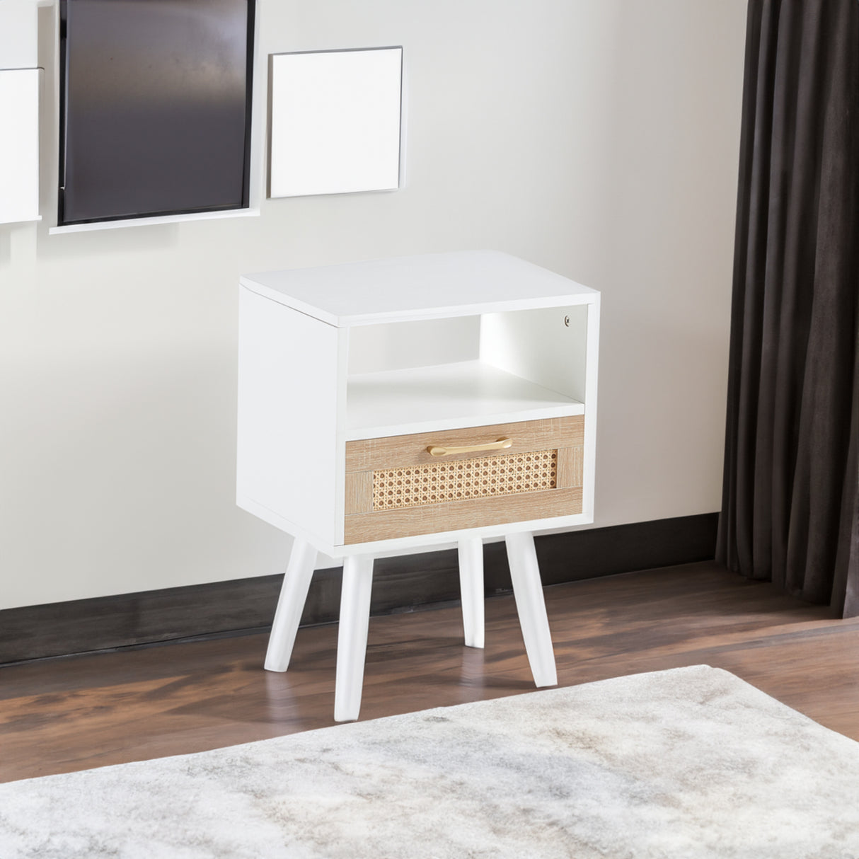 15.75" Rattan End table with drawer and solid wood legs Modern nightstand side table for living room white - V.I.P Digital Presence