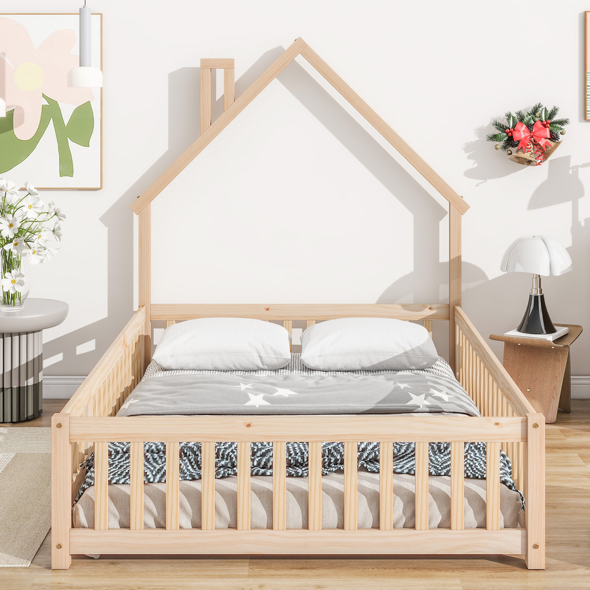 Full House-Shaped Headboard Floor Bed with Fence Natural - V.I.P Digital Presence
