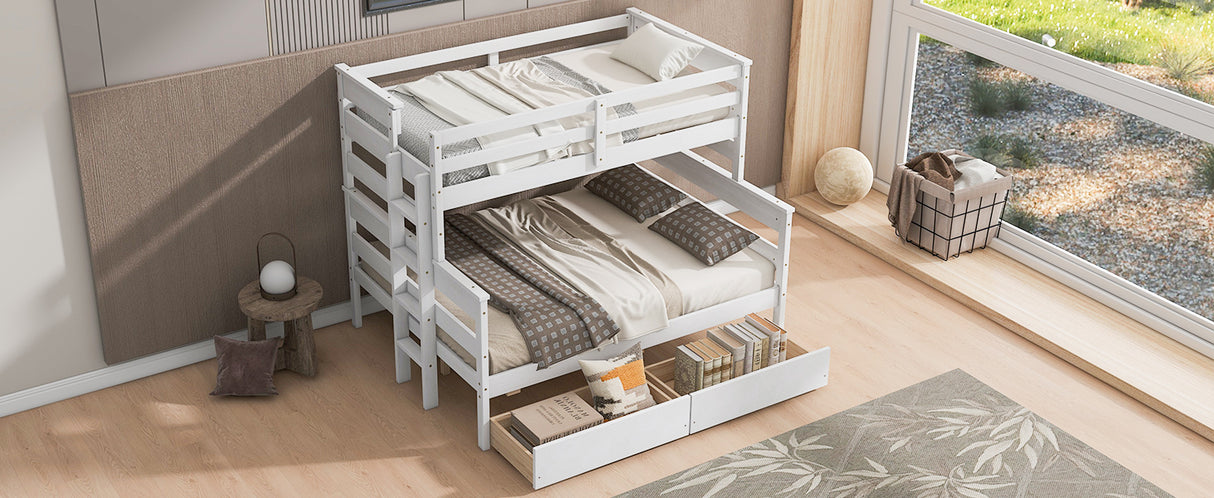 Wood Twin over Full Bunk Bed with 2 Drawers White