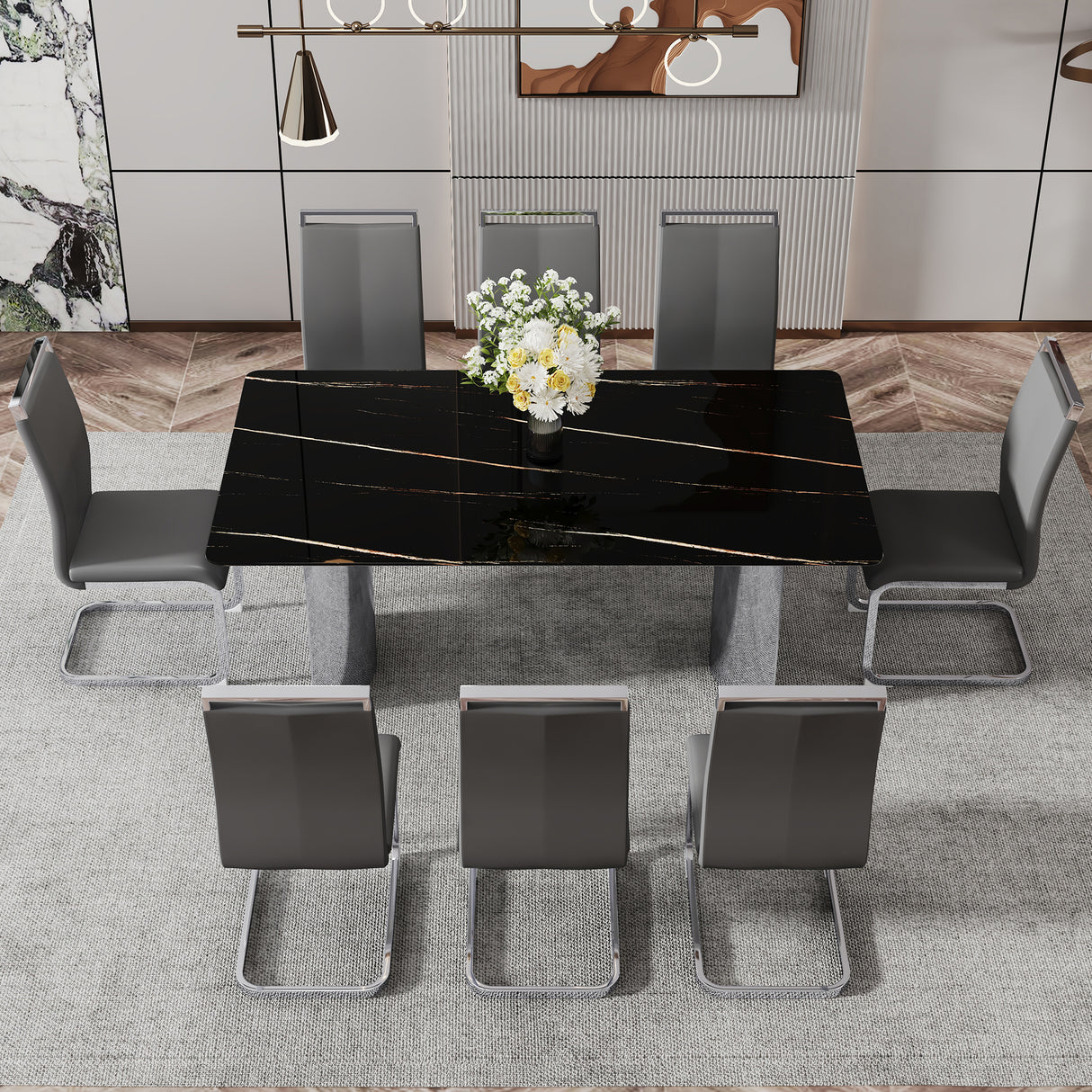Modern minimalist dining table The black imitation marble glass desktop is equipped with silver metal legs - V.I.P Digital Presence