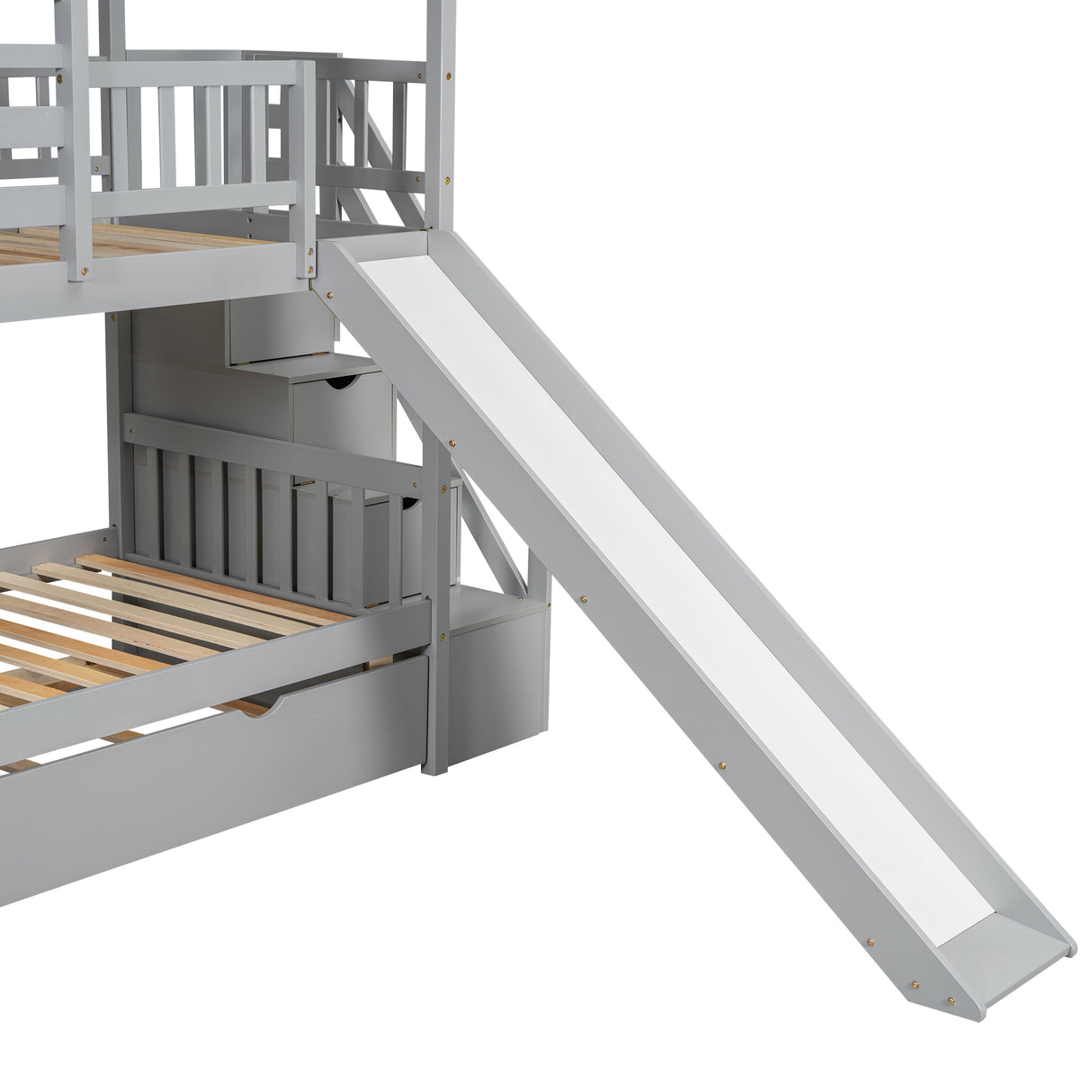 Twin over Twin House Bunk Bed with Trundle and Slide Storage Staircase, Roof and Window Design Gray