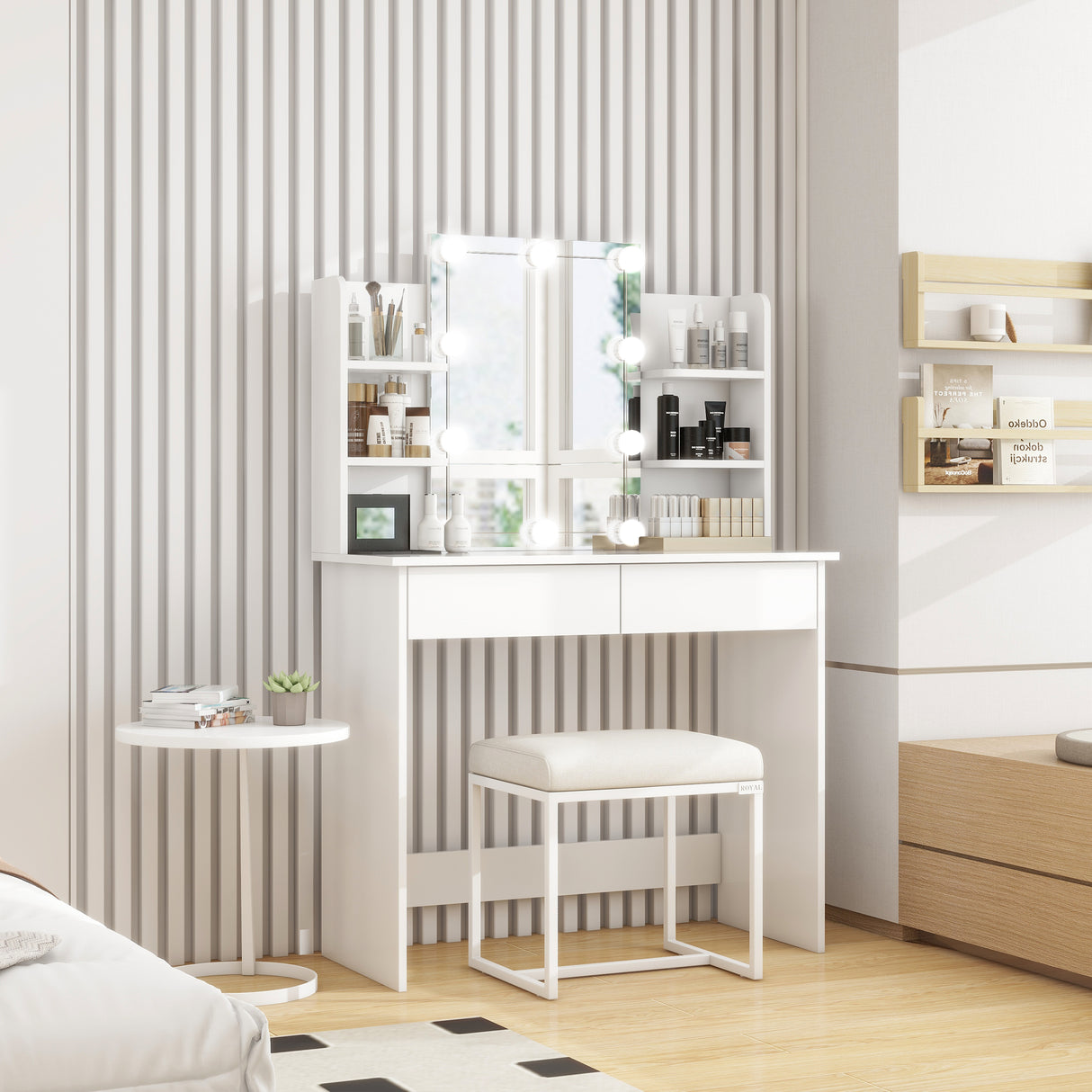 Makeup Vanity Desk With LED Lighted Mirror ,Dressing Table Set With 2 Large Drawers 10 LED Light ,White Color - V.I.P Digital Presence