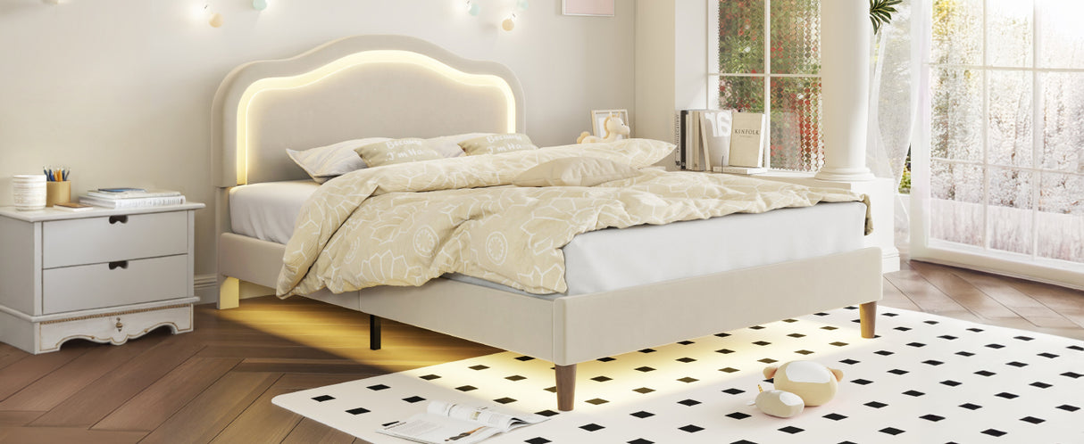 Full Size Velvet Upholstered Smart LED Bed Frame with Adjustable Height Headboard,No Box Spring Needed,Easy Assembly,Beige - V.I.P Digital Presence