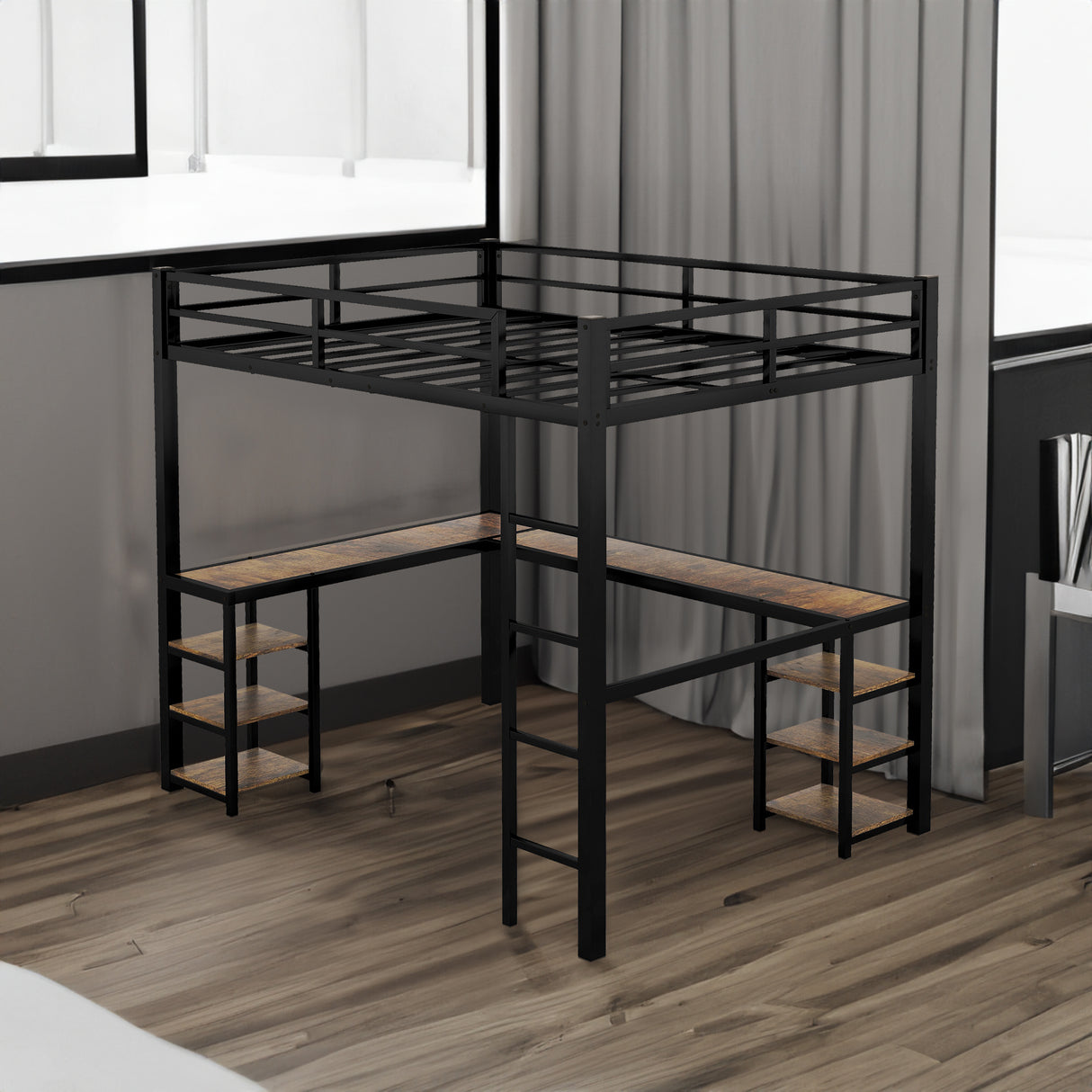 Full metal loft bed with desk and shelf, loft bed with ladder and guardrail, black with retro wood desk - V.I.P Digital Presence