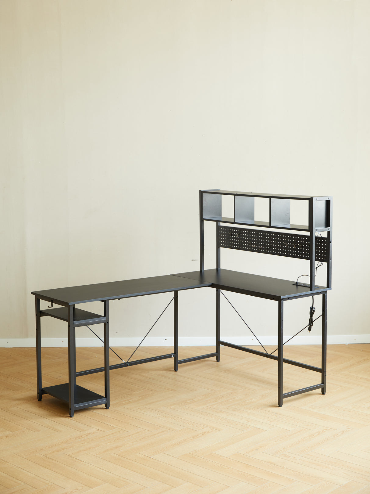 94.5 Inch Home Office Desk L shape gaming desk with LED storage Shelves METAL PANNEL and stool (BLACK) - V.I.P Digital Presence