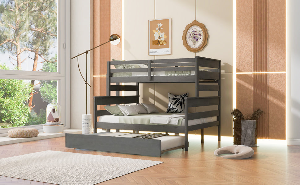 Wood Twin over Full Bunk Bed with Twin Size Trundle Gray
