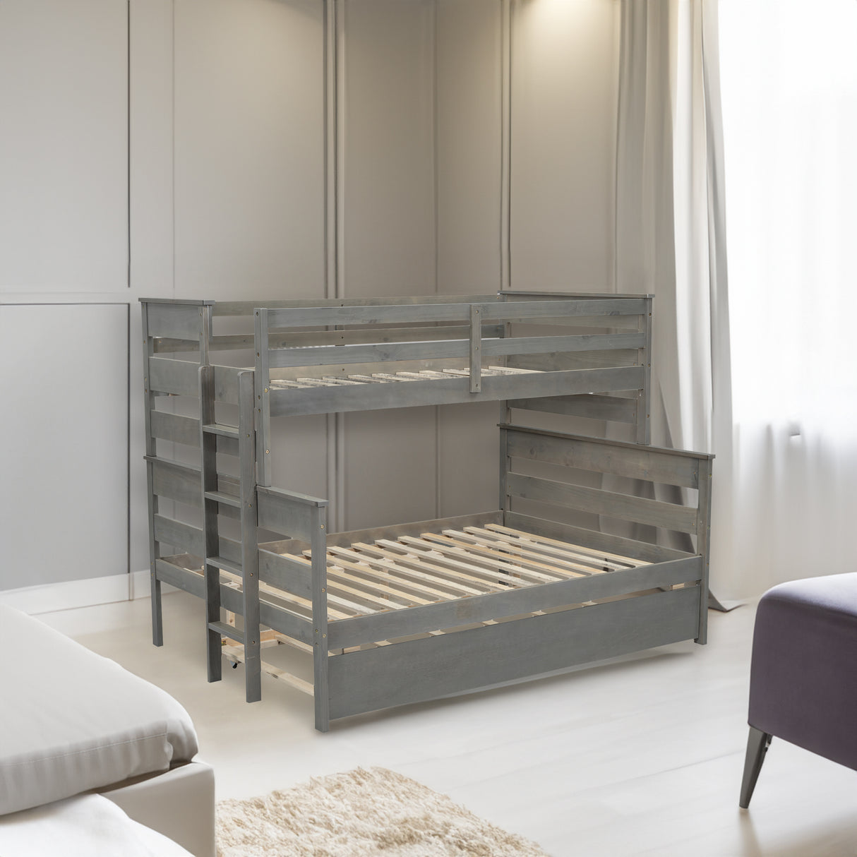 Wood Twin over Full Bunk Bed with Twin Size Trundle Gray