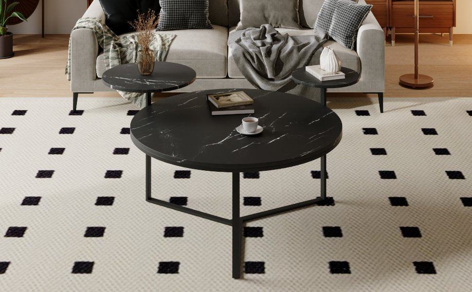 Modern coffee table with two display shelves, Black Faux marble surfaces, Tripod-inspired base,Rounded tabletop edges - V.I.P Digital Presence