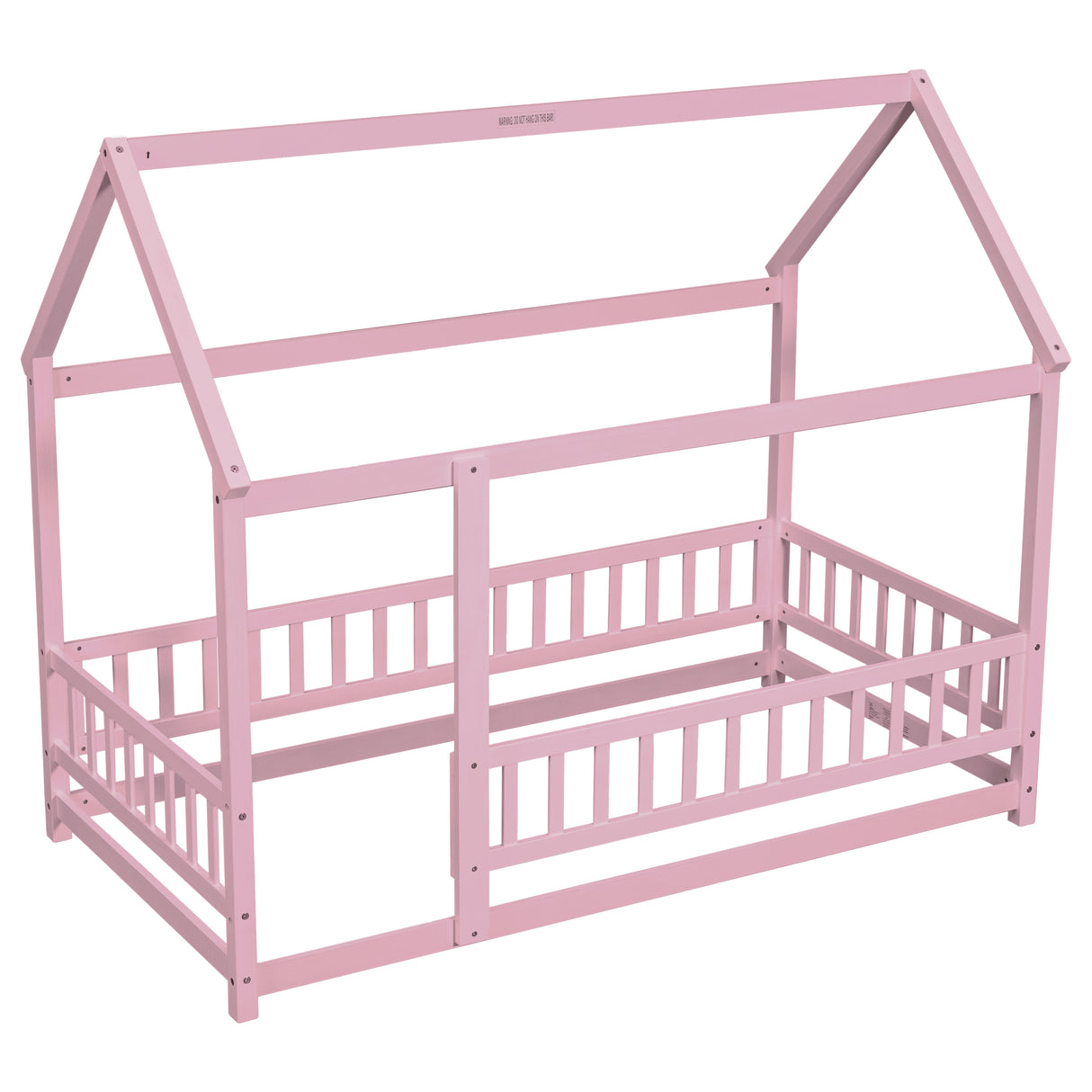 Twin Size Floor Wooden Bed with House Roof Frame, Fence Guardrails,Pink - V.I.P Digital Presence