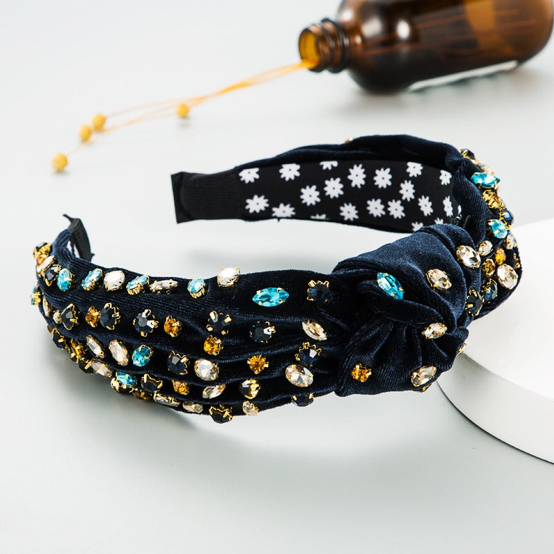 Fashionable gold velvet hand sewn full diamond hairband - V.I.P Digital Presence