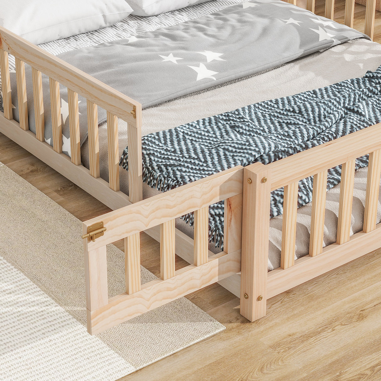 Full House-Shaped Headboard Floor Bed with Fence Natural - V.I.P Digital Presence