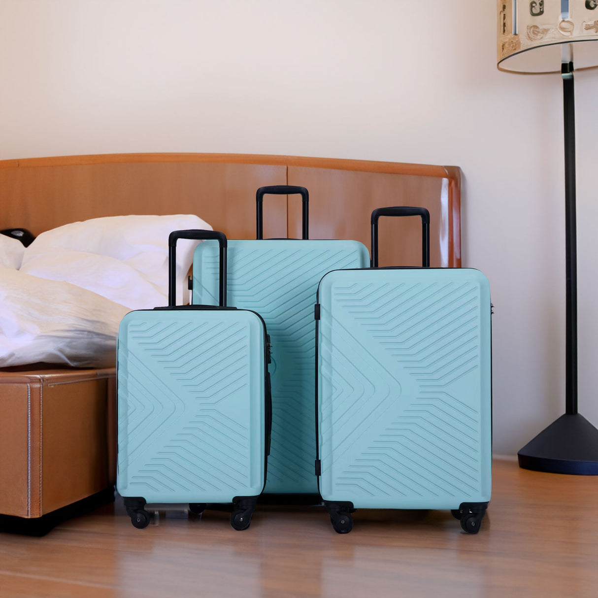 3 Piece Luggage Sets ABS Lightweight Suitcase with Two Hooks, Spinner Wheels, TSA Lock, (20/24/28) Green