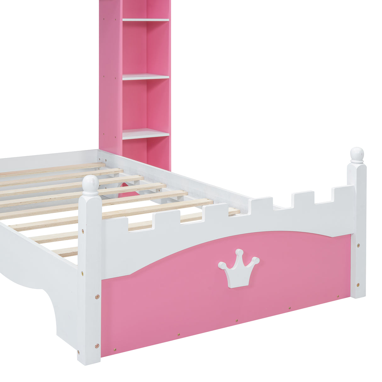 Castle-Shaped Wooden Bed with Storage Shelf, Dreamy Twin Size Platform Bed for Kids Bedroom, Pink+ White - V.I.P Digital Presence