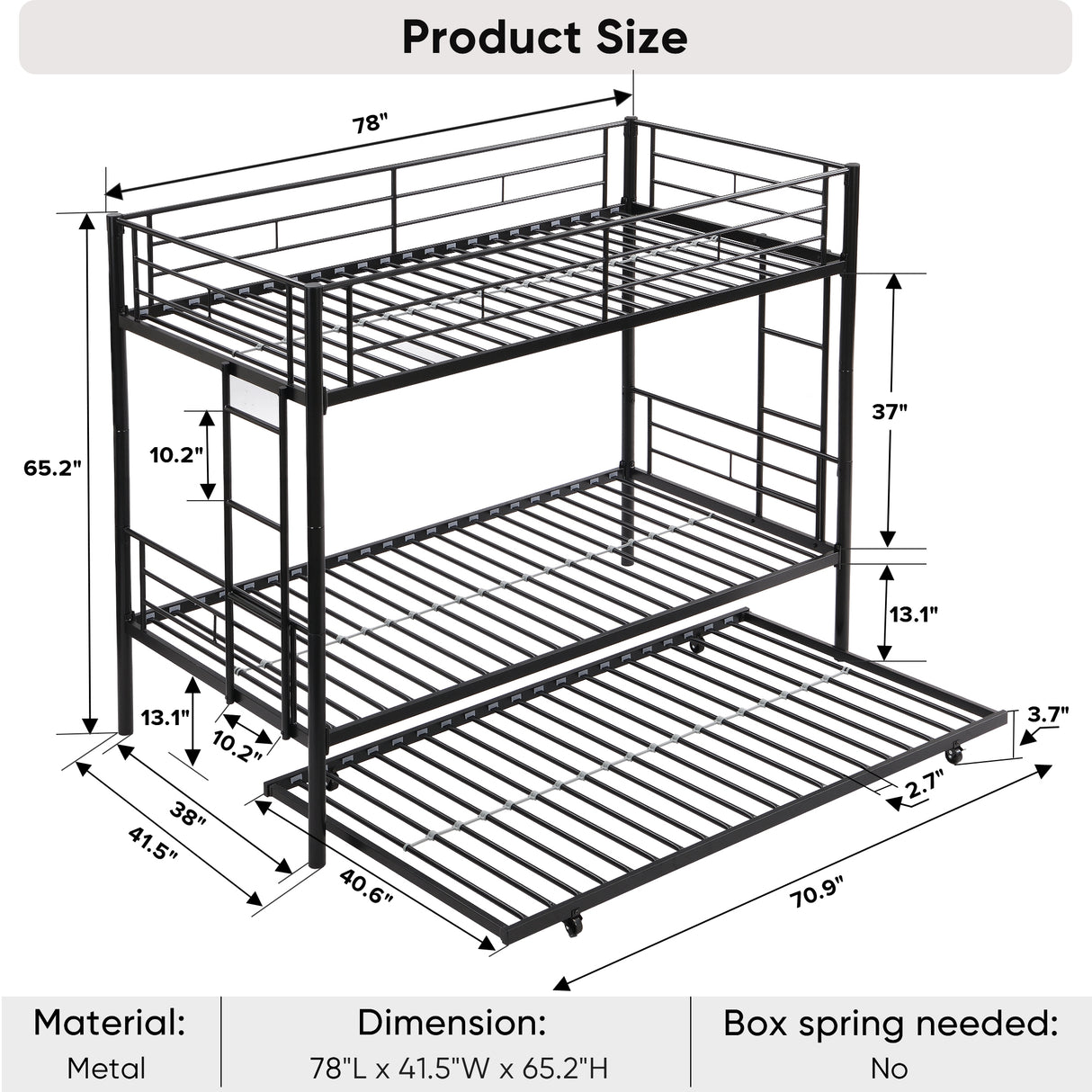 Twin bunk bed frame with trailer, metal bunk bed with sturdy guardrail and side ladder, can be divided into two beds, black - V.I.P Digital Presence