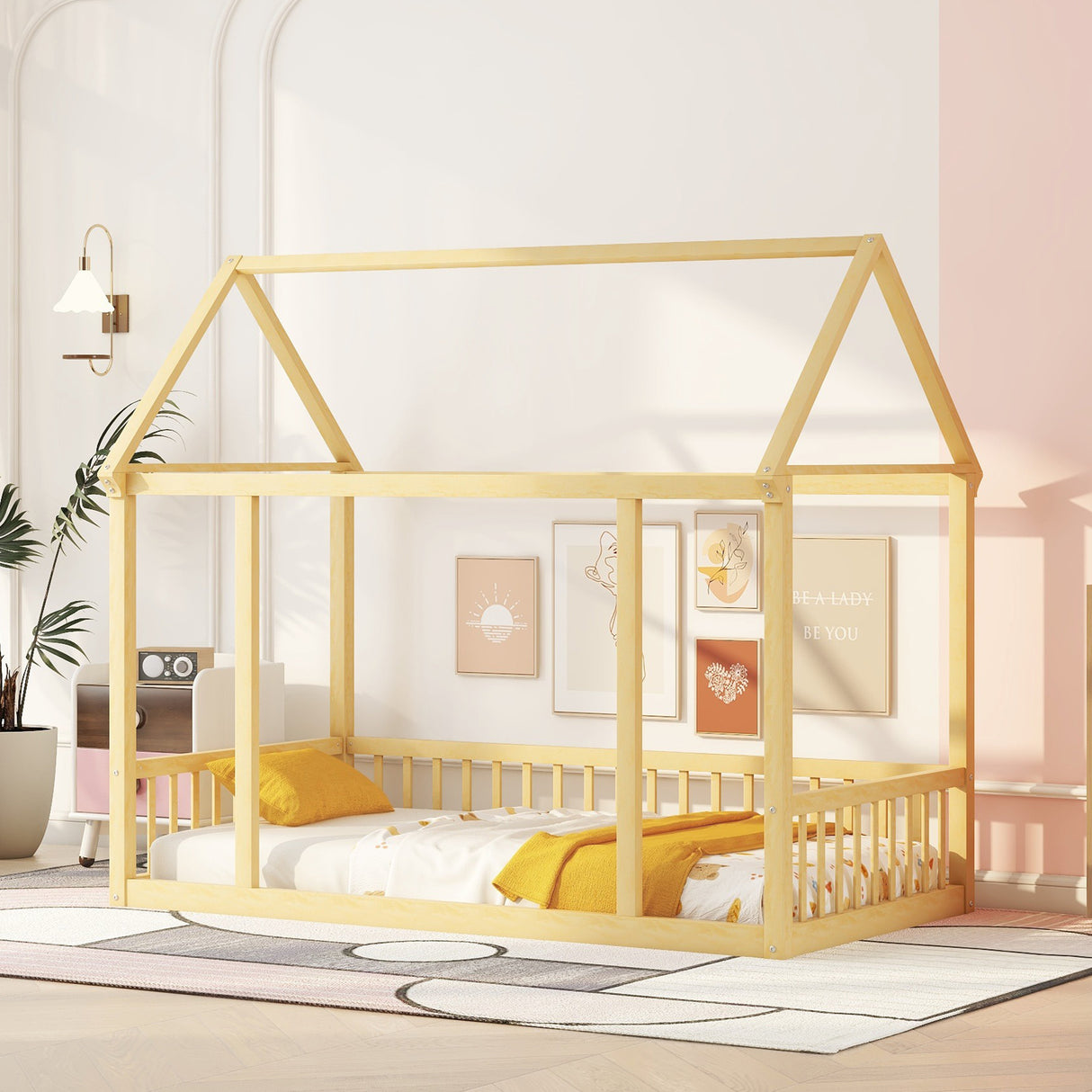 Twin Size Floor Wooden Bed with House Roof Frame and Safety Guardrails,Natural - V.I.P Digital Presence