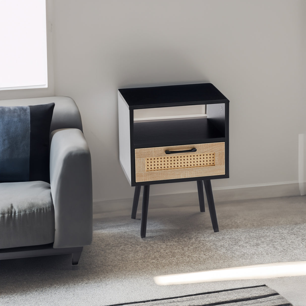 15.75" Rattan End table with drawer and solid wood legs Modern nightstand side table for living room black - V.I.P Digital Presence
