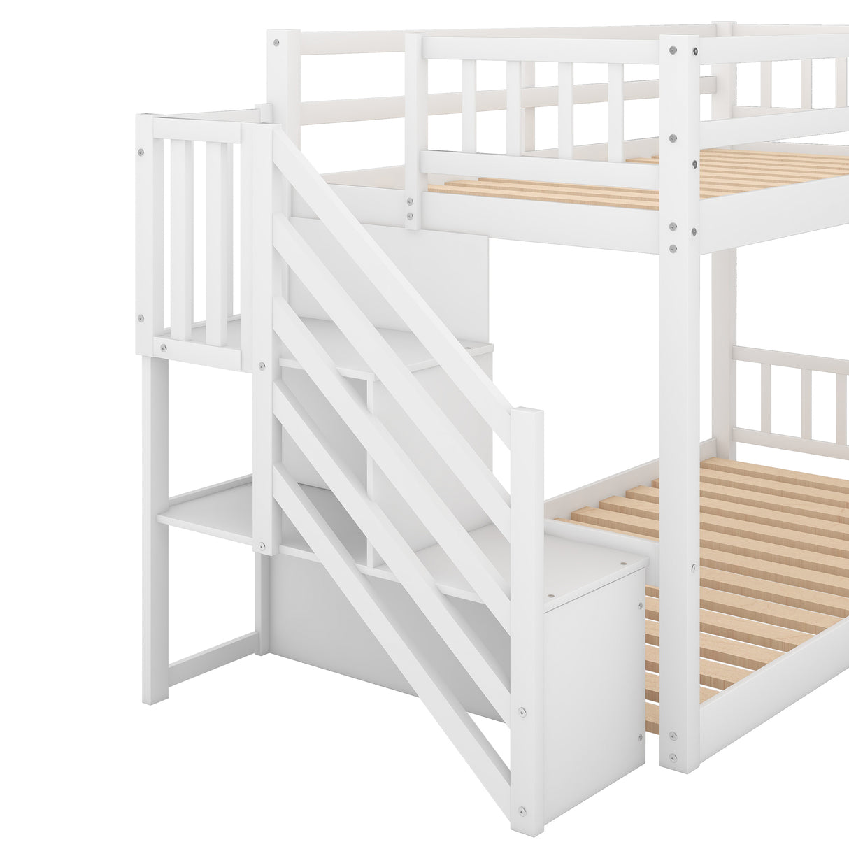 Twin over Twin Floor Bunk Bed, Ladder with Storage White
