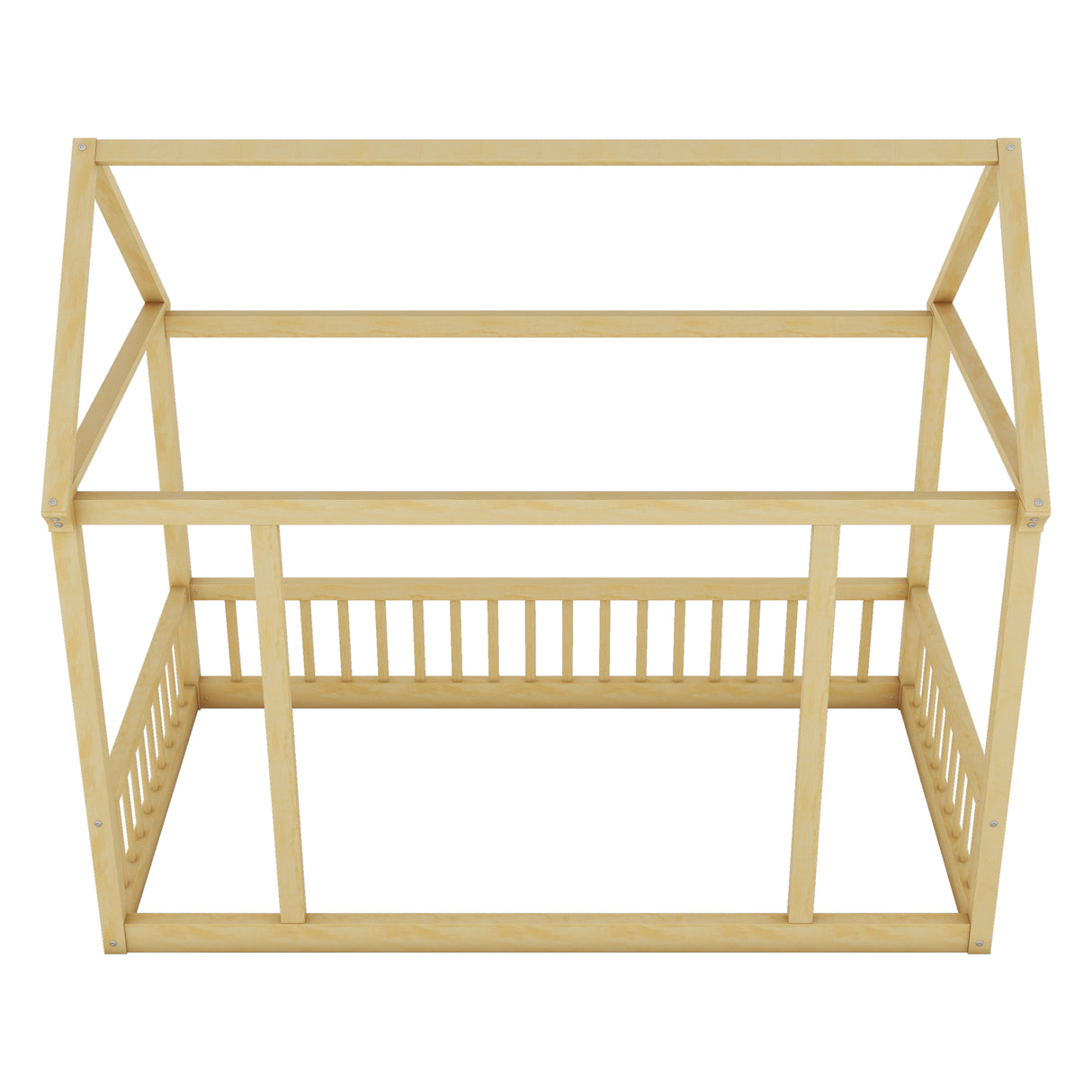 Twin Size Floor Wooden Bed with House Roof Frame and Safety Guardrails,Natural - V.I.P Digital Presence