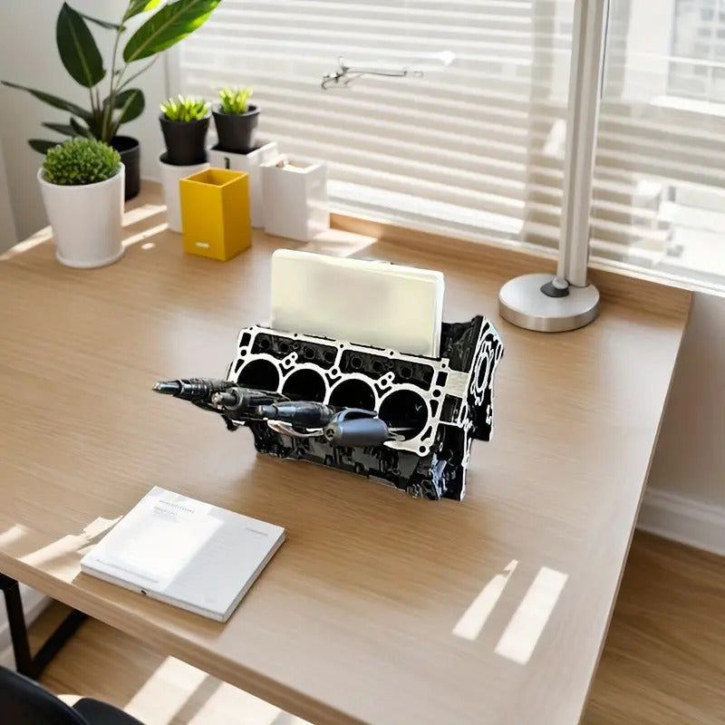 Engine Block Desk Organizer: Modern art for desktop/bookshelf. Holds business cards, a creative office accessory. - V.I.P Digital Presence