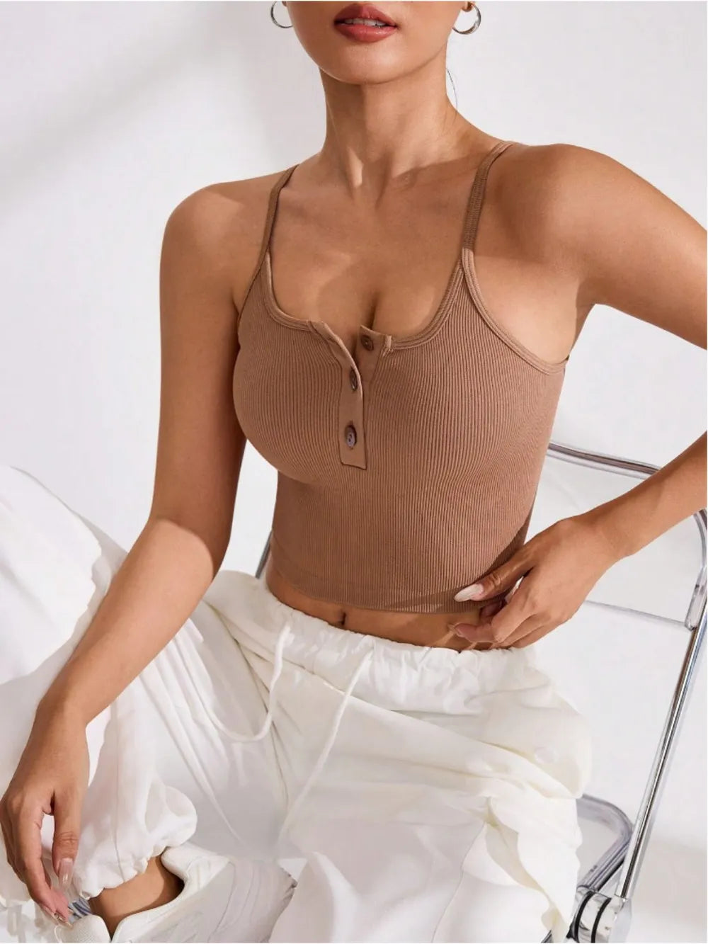 Ribbed Half Button Cropped Active Cami - V.I.P Digital Presence
