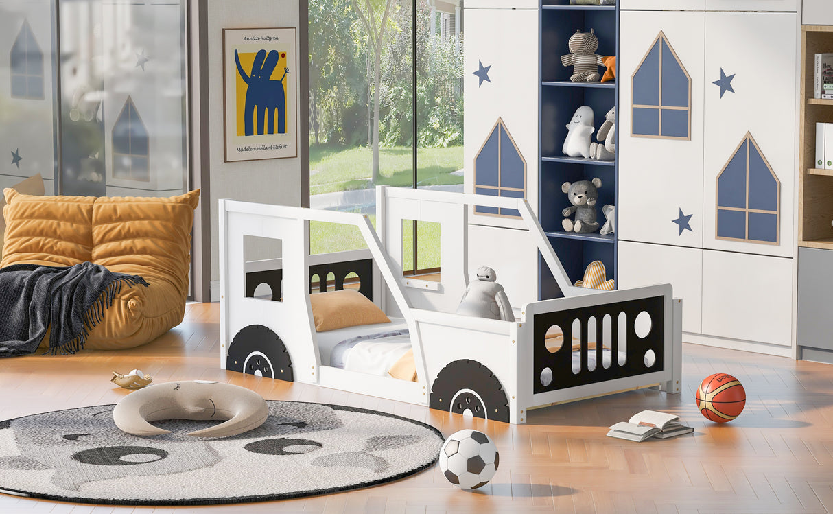 Twin Size Classic Car-Shaped Platform Bed with Wheels White