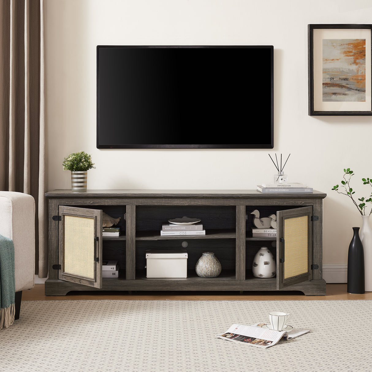Vine TV stand console table, suitable for TVs under 70 inches, equipped with 2 storage shelves and 2 natural rattan doors, gray - V.I.P Digital Presence