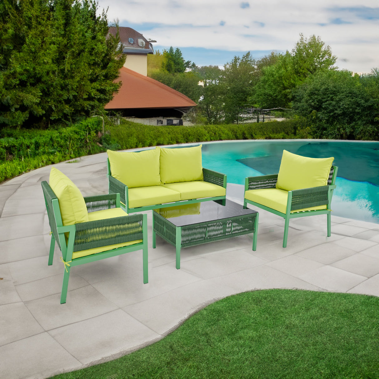 Outdoor Furniture with Tempered Glass Table, Set Deep Seating with Thick Cushion (Fluorescent Yellow & Green)