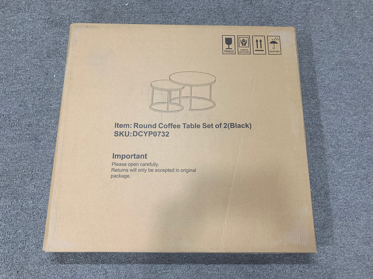 A set of nested coffee tables, 27.6-inch round coffee table, wooden marble patterned tabletop, sturdy metal frame (black) - V.I.P Digital Presence