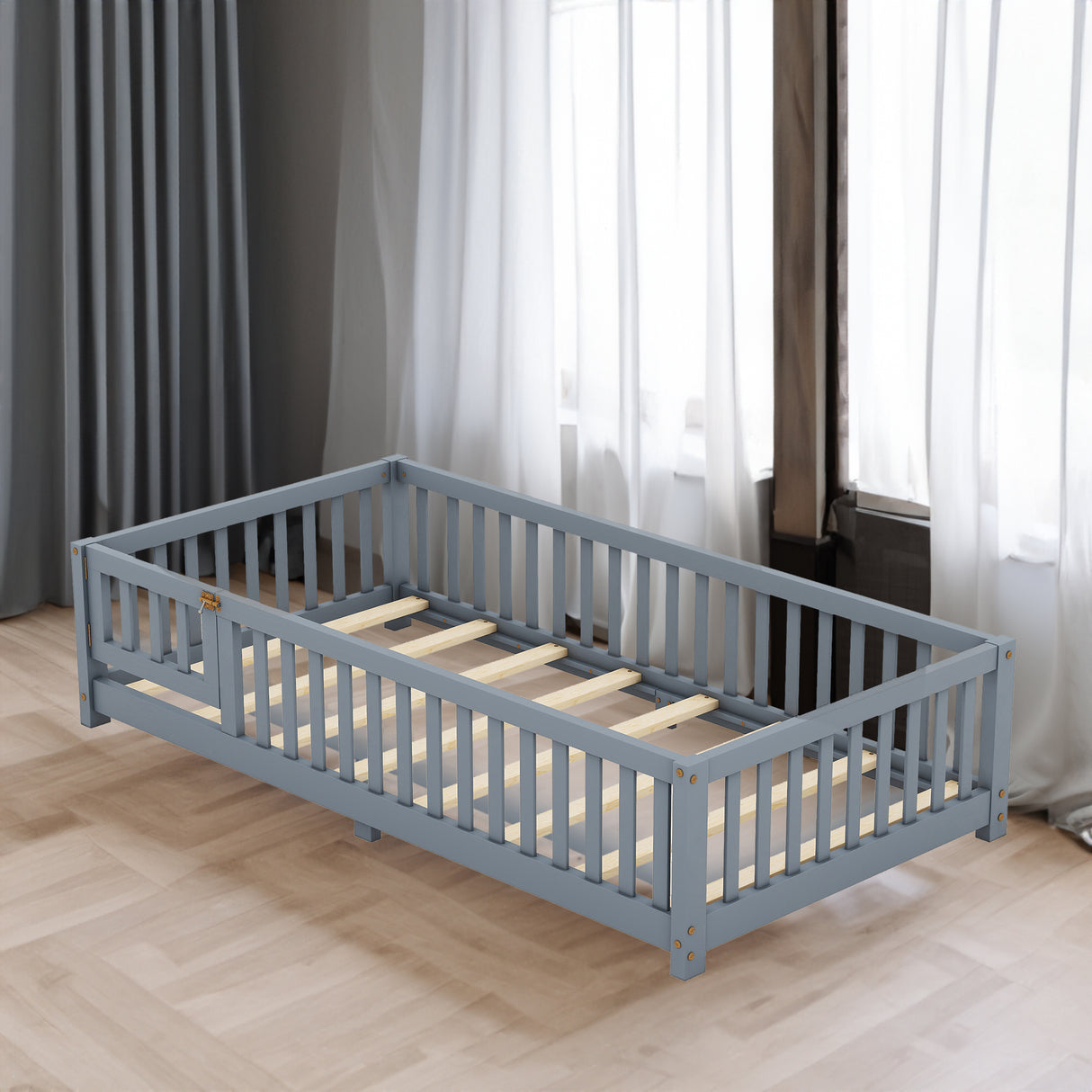 Twin Size Bed Floor Bed with Safety Guardrails and Door for Kids, Gray - V.I.P Digital Presence
