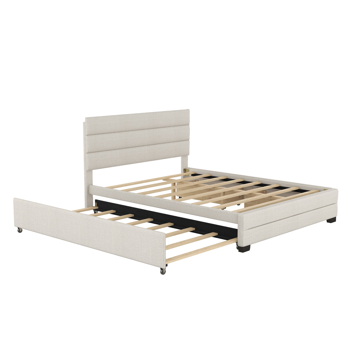 Queen Upholstered Platform Bed with Twin Size Trundle and Two Drawers Beige