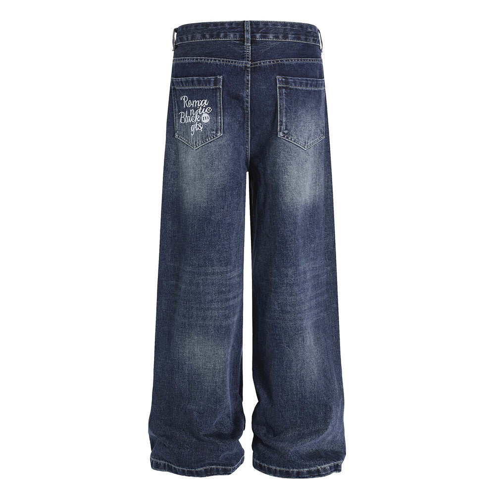 Street Design Floral Embroidered Denim Wide-Leg Long Pants Men's Vibe Trendy Washed Distressed Straight Leg Trousers - V.I.P Digital Presence