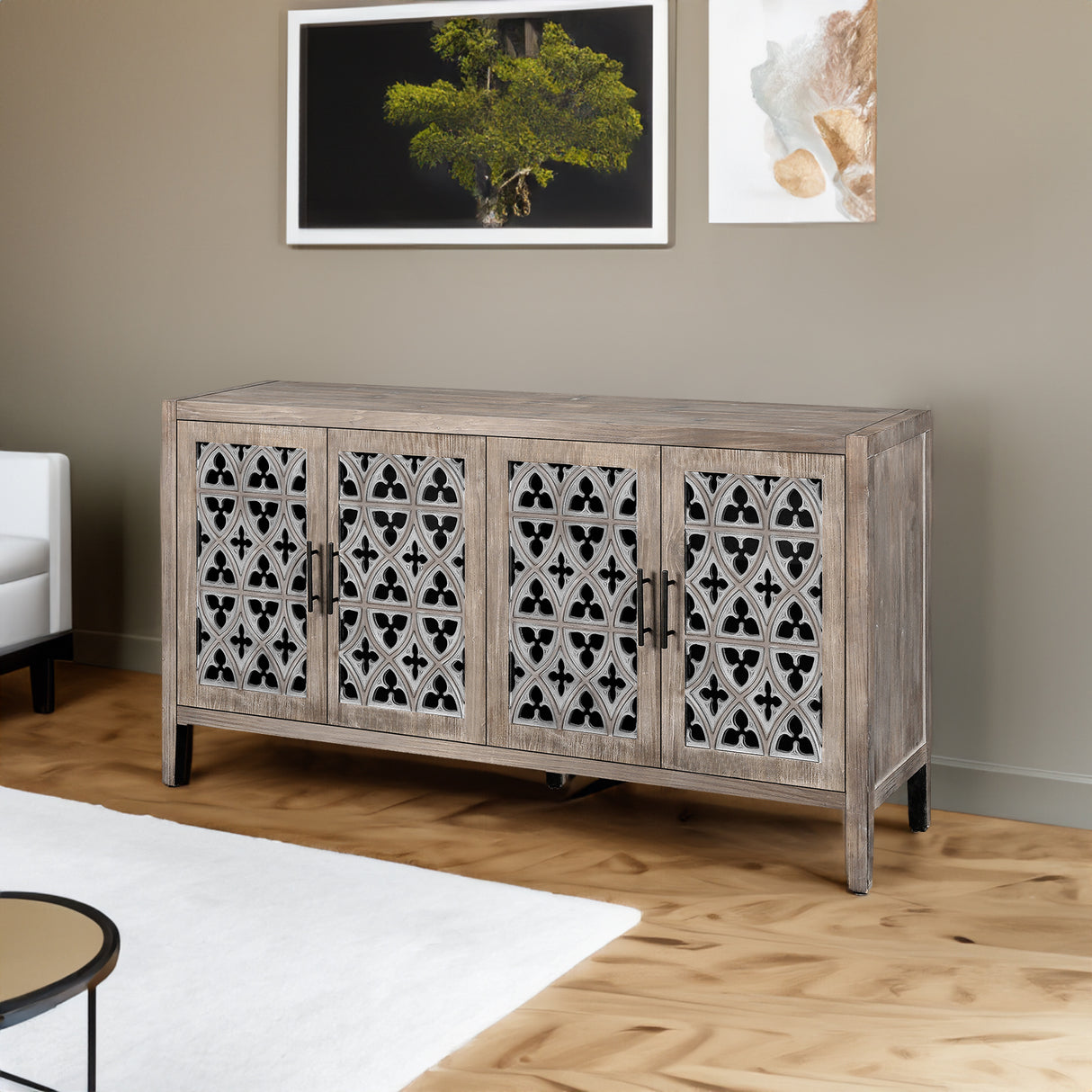 Hollow Four Door Antique Cabinet, American Country Style, Suitable for Living Room, TV Cabinet, Kitchen (Brown) - V.I.P Digital Presence