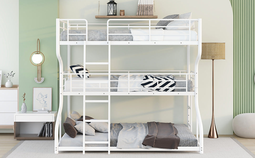 Full XL over Twin XL over Queen Size Triple Bunk Bed with Long and Short Ladder White