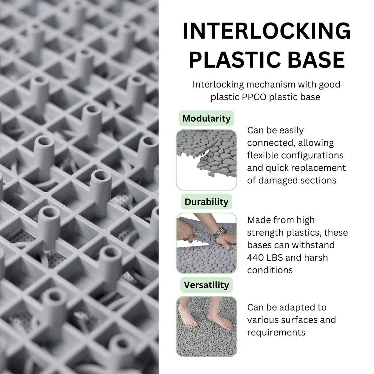 12 x 12 inch gray interlocking deck tiles, plastic waterproof pebble pattern, pack of 12 pieces - V.I.P Digital Presence