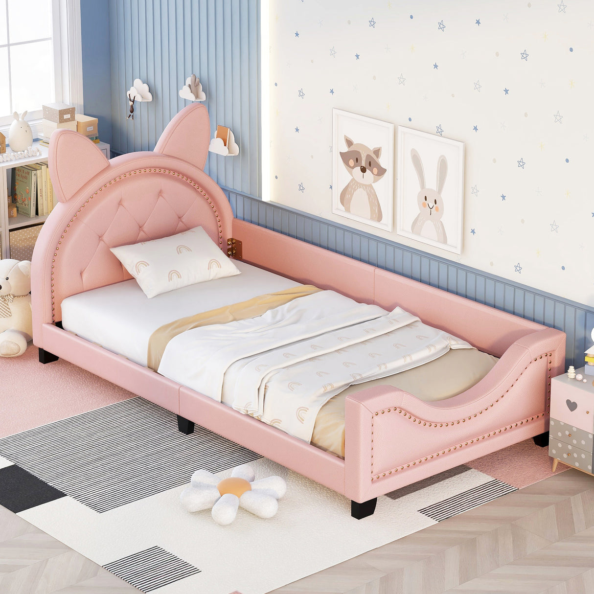 Twin Size Upholstered Daybed with Carton Ears Shaped Headboard Pink