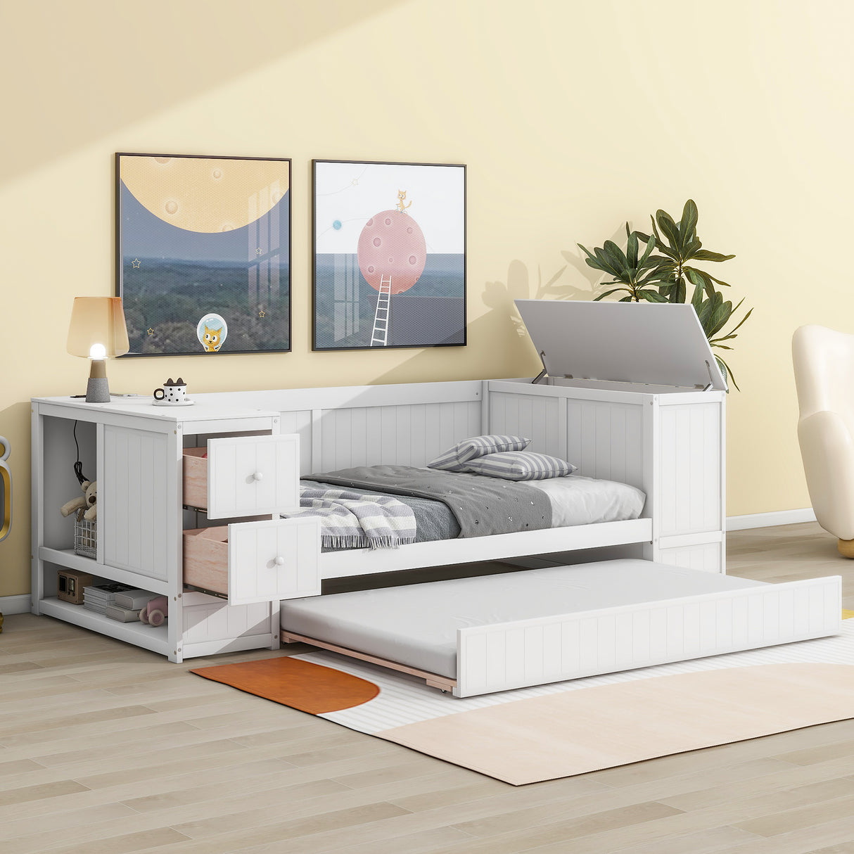 Twin Size Daybed with Storage Arms Trundle and Charging Station White